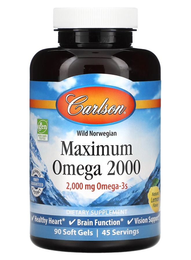 Carlson Wild Norwegian Maximum Omega 2000 Natural Lemon 2000 mg 90 Soft Gels (1000 mg per Soft Gel)