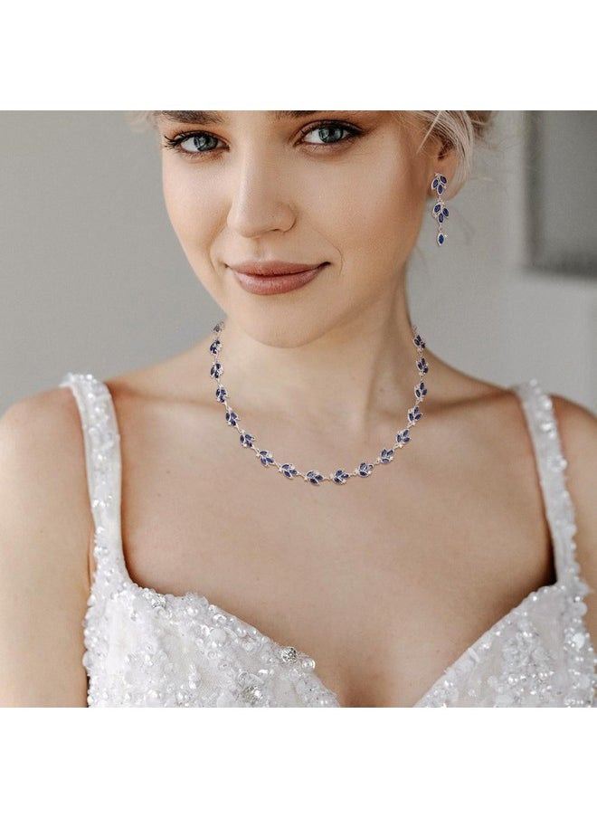 EVER FAITH Wedding Prom Jewelry Set For Bridesmaid Gorgeous Marquise Cubic Zirconia September Birthstone Cluster Leaf Necklace Drop Earrings Set For Womenblue Silvertone  - Image 2