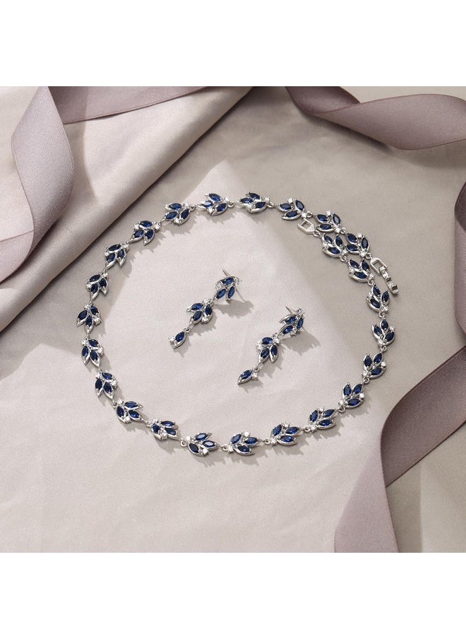 EVER FAITH Wedding Prom Jewelry Set For Bridesmaid Gorgeous Marquise Cubic Zirconia September Birthstone Cluster Leaf Necklace Drop Earrings Set For Womenblue Silvertone  - Image 4