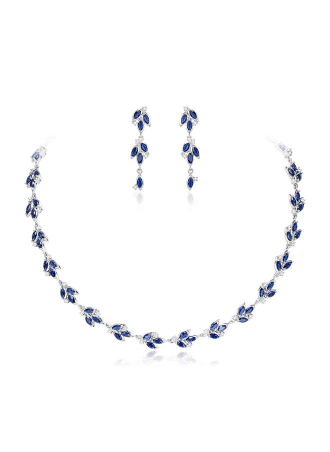 EVER FAITH Wedding Prom Jewelry Set For Bridesmaid Gorgeous Marquise Cubic Zirconia September Birthstone Cluster Leaf Necklace Drop Earrings Set For Womenblue Silvertone  - Image 1
