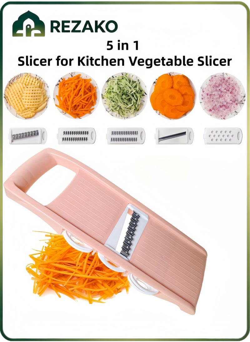 REZAKO 5 in 1 Slicer for Kitchen Vegetable Slicer, Multi Blade Potato Chip Slicer Veggie Slicer Vegetable Cutter Julienne Shredder Vegetable peeler For Small Job In Kitchen （Pink） - Image 1