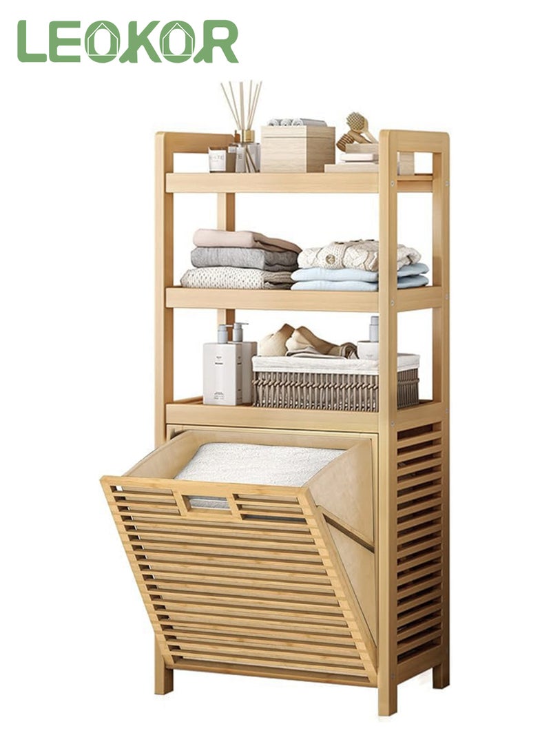 LEOKOR - Laundry Hamper Basket with Liner Bag Storage, Bamboo Dirty Clothes Tilt Out Baskets with 3-Tier Shelves, Removable Clothes Basket Hampers for Bathroom Bedroom Living Room Laundry Room - Image 1