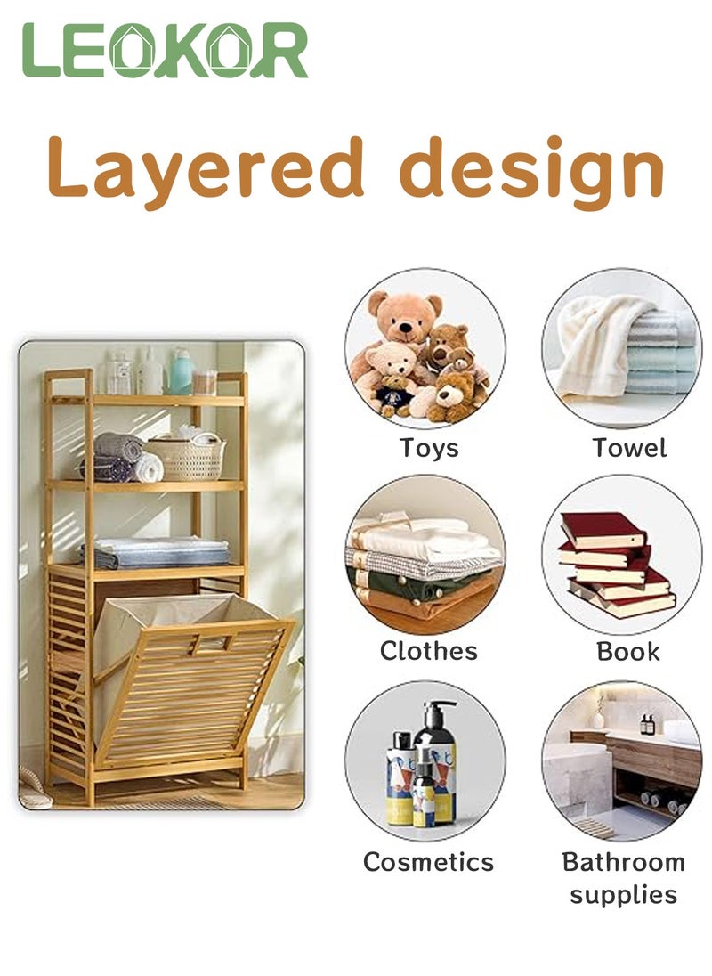 LEOKOR - Laundry Hamper Basket with Liner Bag Storage, Bamboo Dirty Clothes Tilt Out Baskets with 3-Tier Shelves, Removable Clothes Basket Hampers for Bathroom Bedroom Living Room Laundry Room - Image 1
