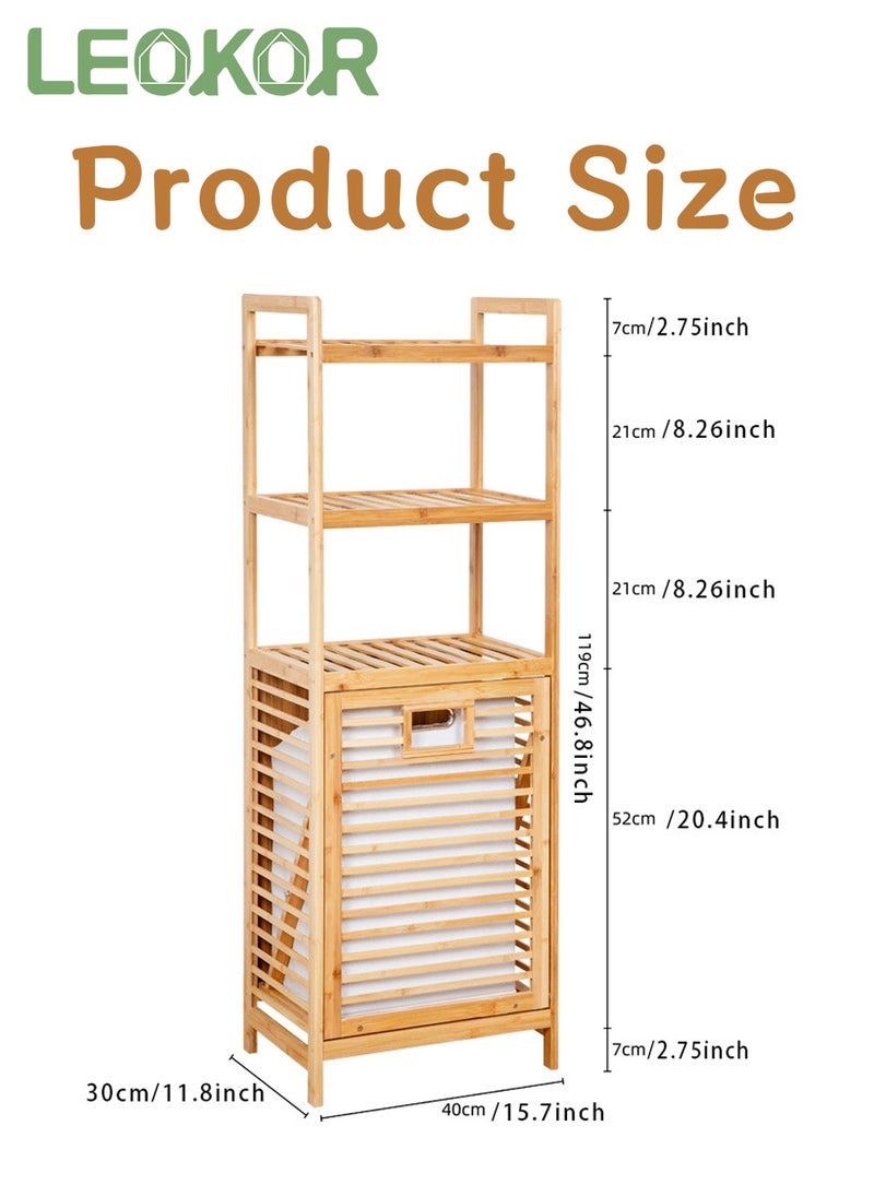 LEOKOR - Laundry Hamper Basket with Liner Bag Storage, Bamboo Dirty Clothes Tilt Out Baskets with 3-Tier Shelves, Removable Clothes Basket Hampers for Bathroom Bedroom Living Room Laundry Room - Image 1