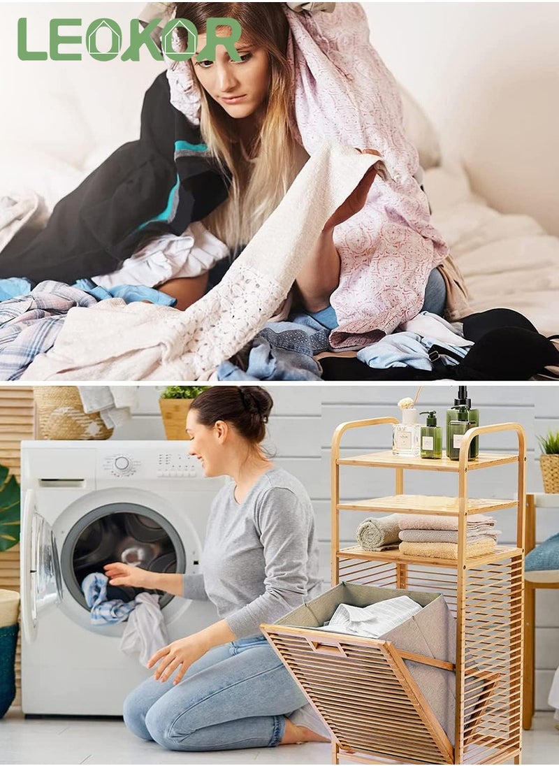 LEOKOR - Laundry Hamper Basket with Liner Bag Storage, Bamboo Dirty Clothes Tilt Out Baskets with 3-Tier Shelves, Removable Clothes Basket Hampers for Bathroom Bedroom Living Room Laundry Room - Image 1