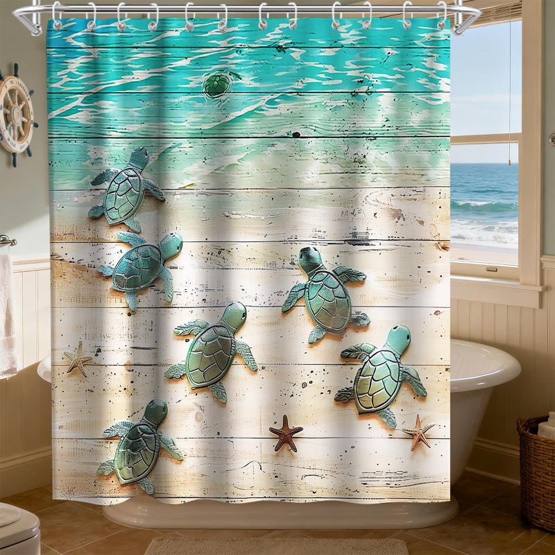 Final Friday Green Beach Sea Turtle Shower Curtain Nautical Teal Theme Fabric Bathroom Blue Ocean Decor with Grommets and Hooks 72 x 72 Inch Blue - Image 2