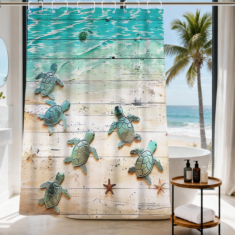 Final Friday Green Beach Sea Turtle Shower Curtain Nautical Teal Theme Fabric Bathroom Blue Ocean Decor with Grommets and Hooks 72 x 72 Inch Blue - Image 1