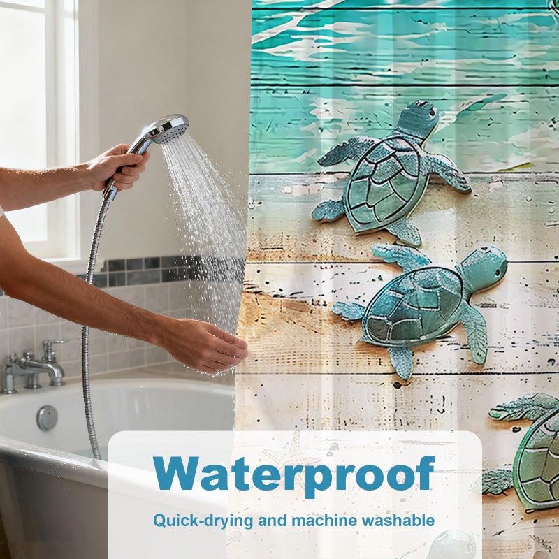 Final Friday Green Beach Sea Turtle Shower Curtain Nautical Teal Theme Fabric Bathroom Blue Ocean Decor with Grommets and Hooks 72 x 72 Inch Blue - Image 4