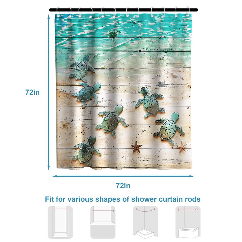 Final Friday Green Beach Sea Turtle Shower Curtain Nautical Teal Theme Fabric Bathroom Blue Ocean Decor with Grommets and Hooks 72 x 72 Inch Blue - Image 5