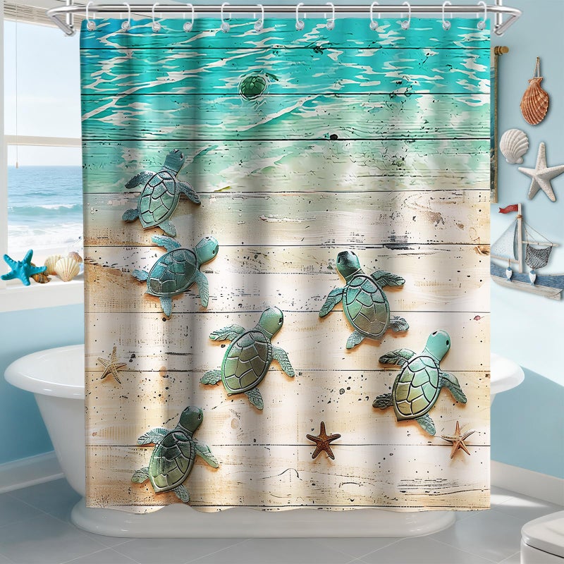 Final Friday Green Beach Sea Turtle Shower Curtain Nautical Teal Theme Fabric Bathroom Blue Ocean Decor with Grommets and Hooks 72 x 72 Inch Blue - Image 3