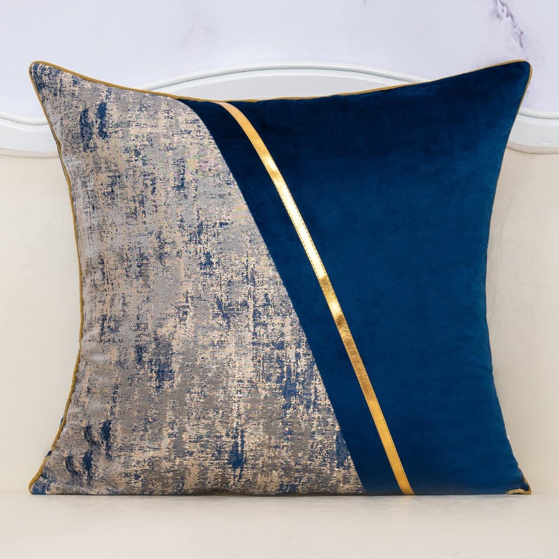 Alerfa 18 x 18 Inch Navy Blue Beige Gold Leather Patchwork Velvet Polyester Cushion Case Luxury Modern Square Throw Pillow Cover Decorative Pillow for Couch Sofa Living Room Bedroom Car 45 x 45cm