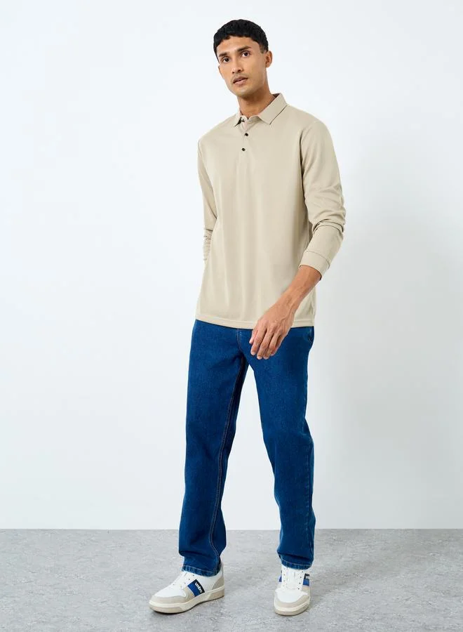 Styli Styli Men Beige Long Sleeve Polo T-Shirt