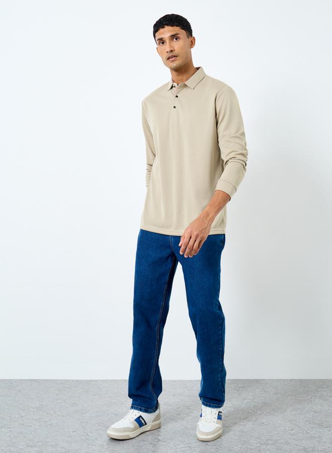 Styli Men Beige Long Sleeve Polo T-Shirt - Image 2
