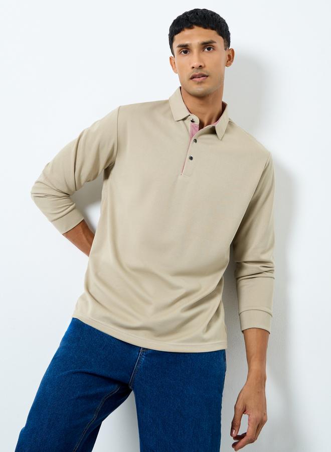 Styli Men Beige Long Sleeve Polo T-Shirt - Image 1
