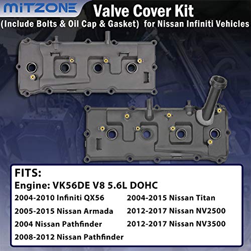 MITZONE مجموعة غطاء الصمام مع البراغي وغطاء الزيت والحشوات وأختام أنبوب شمعات الإشعال وصمام PCV متوافقة مع 2004-2016 نيسان أرمادا NV2500 NV3500 باثفايندر تيتان إنفينيتي QX56 5.6L # 13264-ZE01A 13264-ZE00A - Image 3