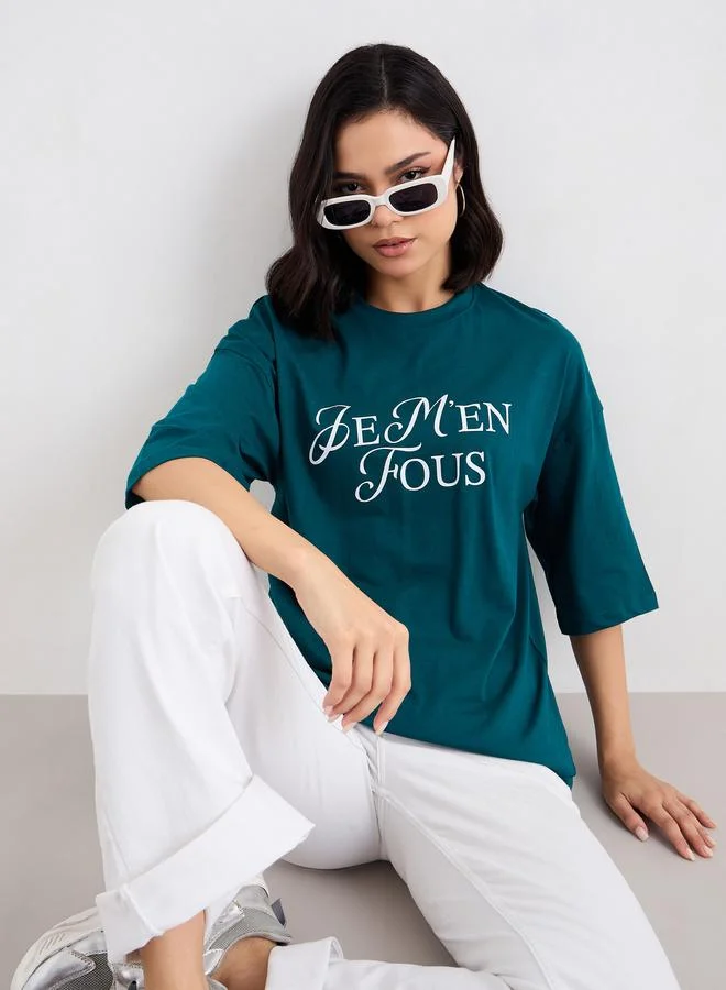 Styli Styli Dark Green Dropped Shoulder Oversized T-Shirt