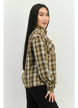 GLAMOROUS Women Spread Collar Long Sleeves Checkered Shirt, Brown Combo  - Image 2
