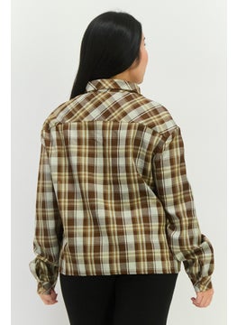 GLAMOROUS Women Spread Collar Long Sleeves Checkered Shirt, Brown Combo  - Image 3