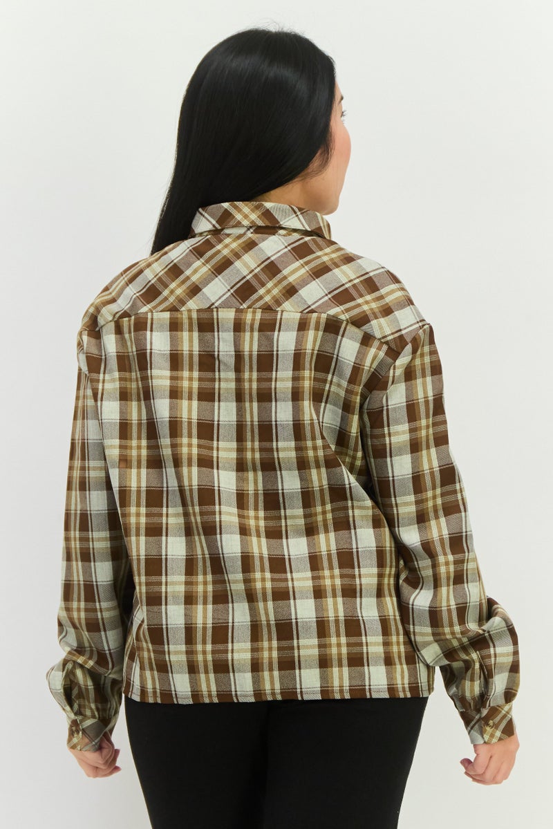GLAMOROUS Women Spread Collar Long Sleeves Checkered Shirt, Brown Combo - Image 3