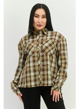 GLAMOROUS Women Spread Collar Long Sleeves Checkered Shirt, Brown Combo  - Image 1