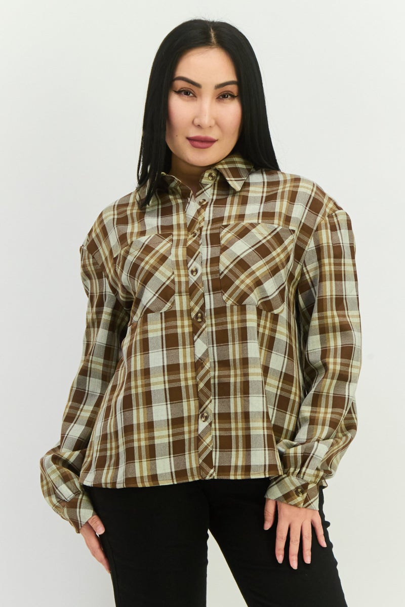 GLAMOROUS Women Spread Collar Long Sleeves Checkered Shirt, Brown Combo - Image 1