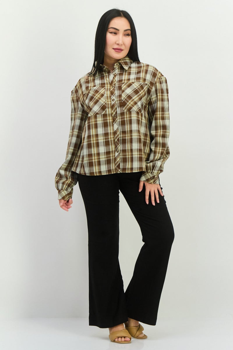GLAMOROUS Women Spread Collar Long Sleeves Checkered Shirt, Brown Combo - Image 4