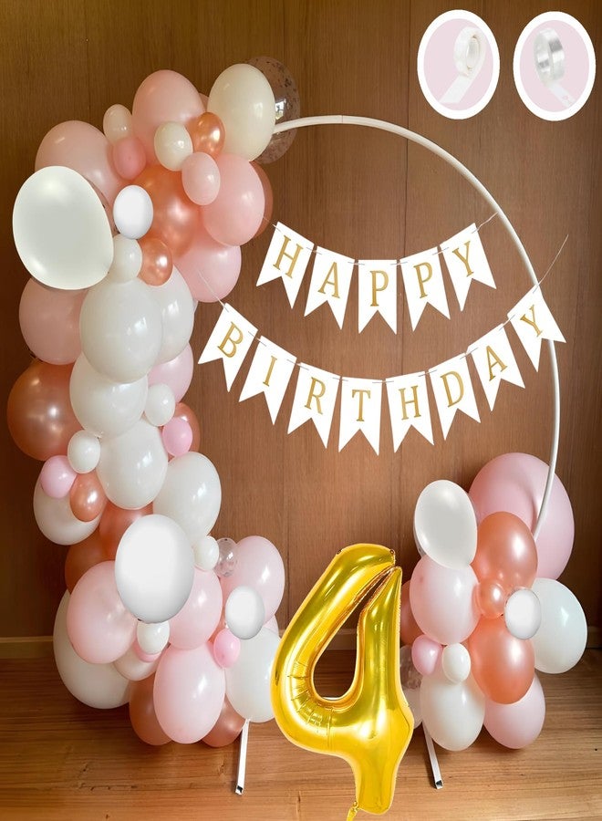 Flyloons 4th Happy Birthday Decoration White and Pink Theme Combination for Girls Princes | 30 Pcs Pink White Rose Gold Balloons | White Happy Birthday Paper Banner | Arch Tape | Glue Dots - Image 1