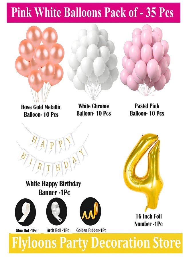 Flyloons 4th Happy Birthday Decoration White and Pink Theme Combination for Girls Princes | 30 Pcs Pink White Rose Gold Balloons | White Happy Birthday Paper Banner | Arch Tape | Glue Dots - Image 2