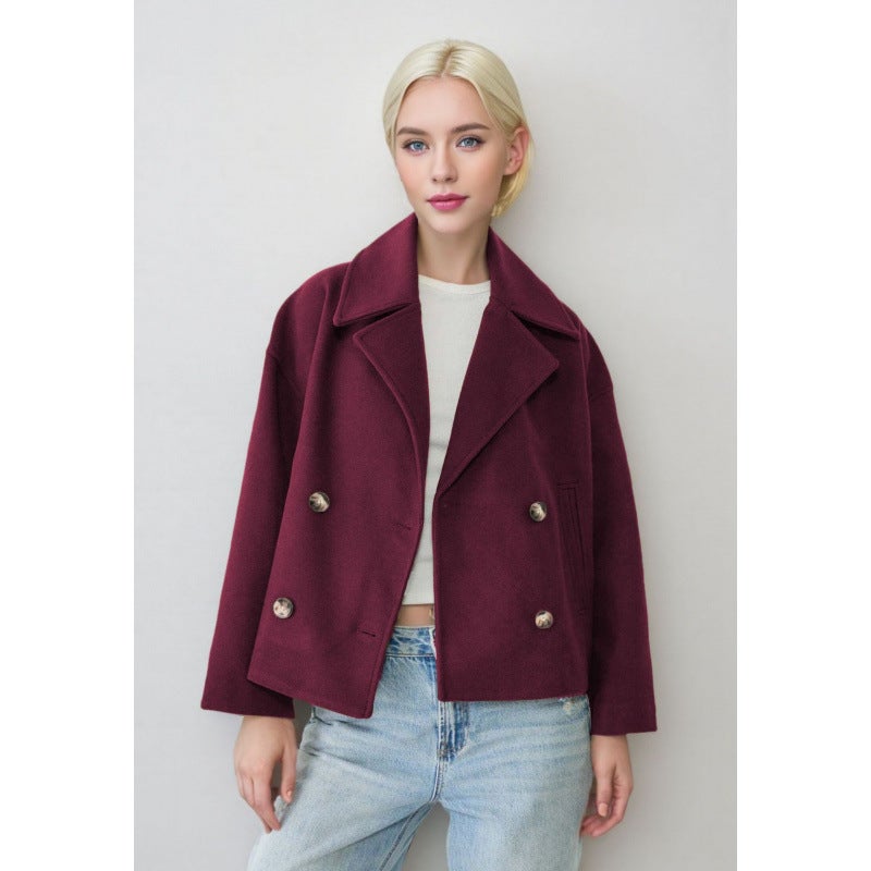 2025 New Autum European and American Style Womens Fashionable Commuter Lapel Double-Breasted Short Woolen Jacket Purple 