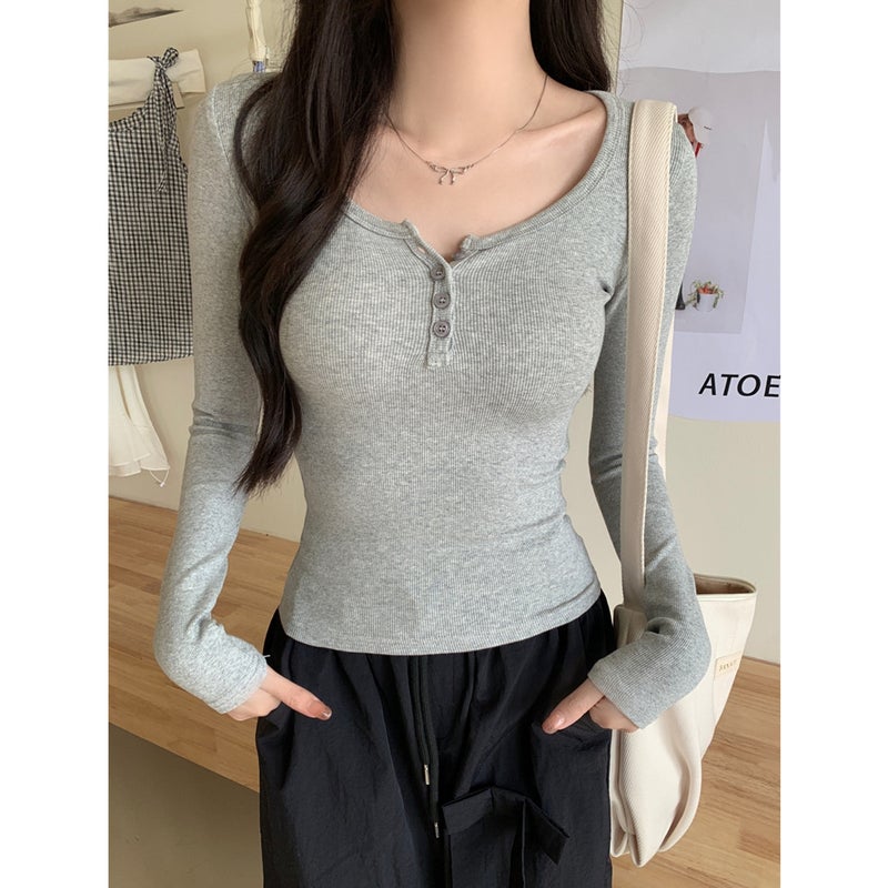 Long-Sleeved T-Shirt Women'S 2024 Autumn New Women'S Inner Top Shoulder T-Shirt Threaded V-Neck Base Shirt - Image 1