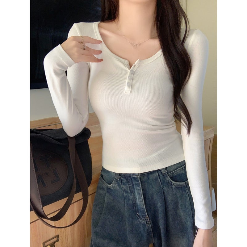 Long-Sleeved T-Shirt Women'S 2024 Autumn New Women'S Inner Top Shoulder T-Shirt Threaded V-Neck Base Shirt - Image 4