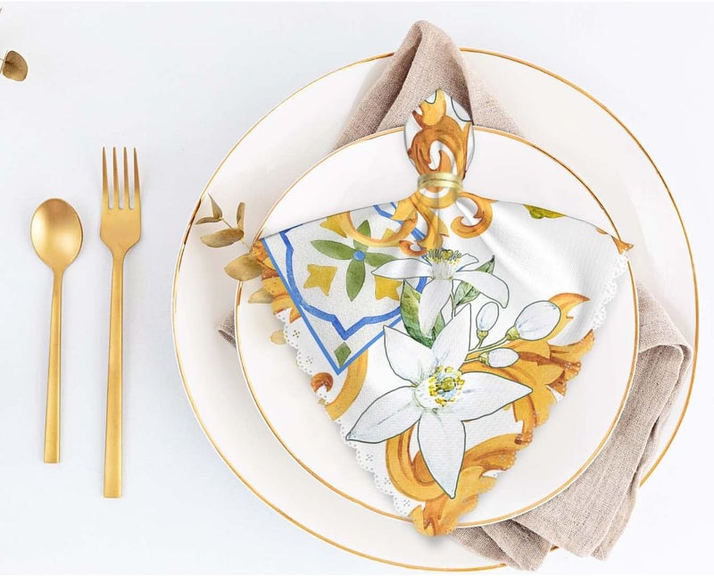 Yibeas Lemon and Fruit Cloth Napkins Set of 4 White Flowers Watercolor Pattern in Sicilian Style Golden Monograms Polyester Kitchen Dinner Napkins for Holiday Festive Wedding Decor - Image 5