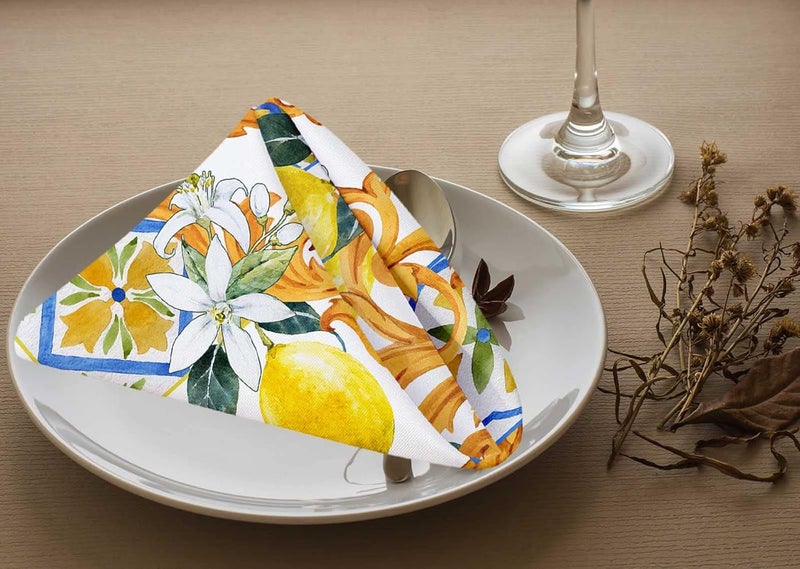 Yibeas Lemon and Fruit Cloth Napkins Set of 4 White Flowers Watercolor Pattern in Sicilian Style Golden Monograms Polyester Kitchen Dinner Napkins for Holiday Festive Wedding Decor - Image 3