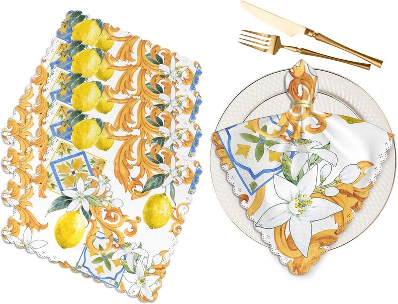 Yibeas Lemon and Fruit Cloth Napkins Set of 4 White Flowers Watercolor Pattern in Sicilian Style Golden Monograms Polyester Kitchen Dinner Napkins for Holiday Festive Wedding Decor - Image 1
