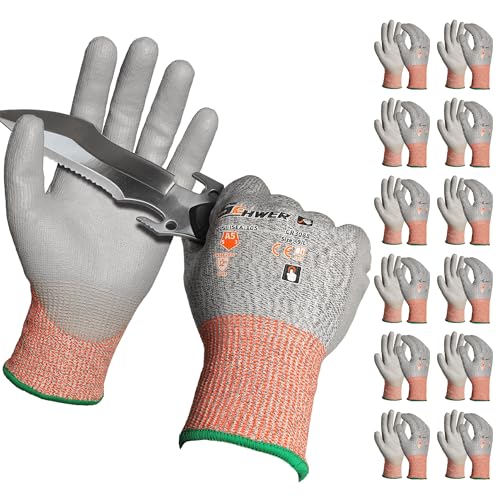 Schwer 12 Pairs ANSI A5 Cut Resistant Work Gloves Cut Proof Gloves with PU Coating Used for Metal Fabrication WoodWorking Construction Non Slip Durable Non PFAS L CR3088 - Image 1