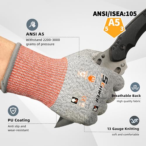 Schwer 12 Pairs ANSI A5 Cut Resistant Work Gloves Cut Proof Gloves with PU Coating Used for Metal Fabrication WoodWorking Construction Non Slip Durable Non PFAS L CR3088 - Image 3