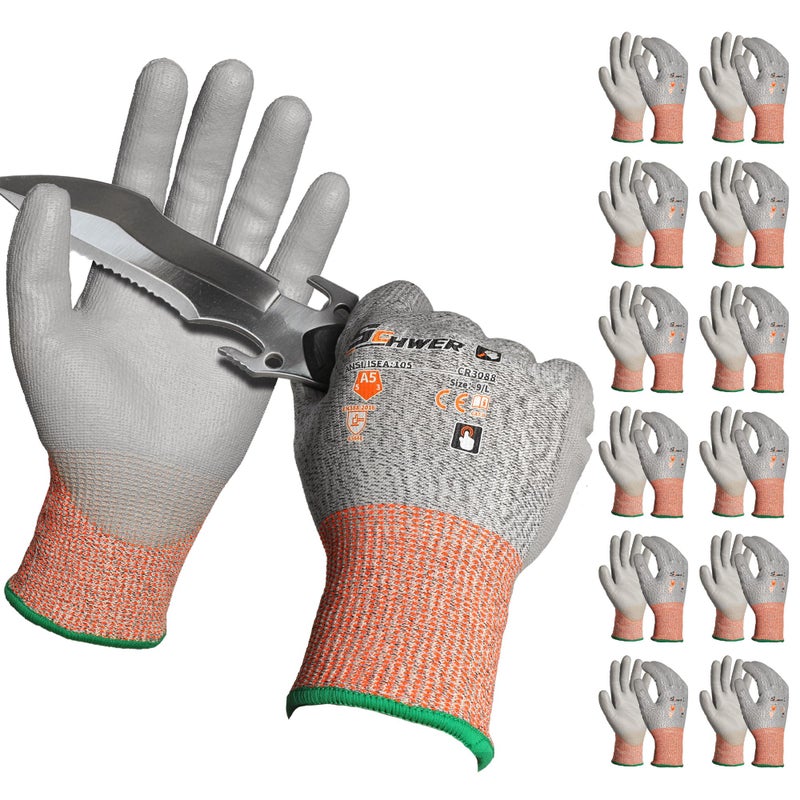 Schwer 12 Pairs ANSI A5 Cut Resistant Work Gloves Cut Proof Gloves with PU Coating Used for Metal Fabrication WoodWorking Construction Non Slip Durable Non PFAS L CR3088 - Image 2