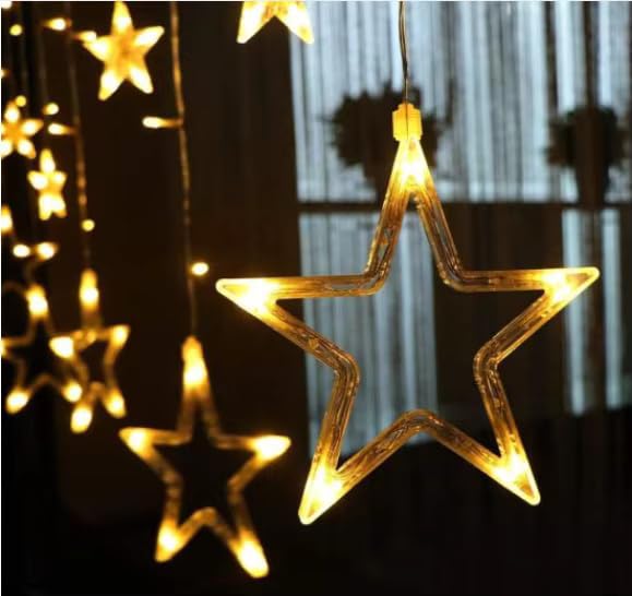 One94Store 12 Stars 138 Led Curtain String Lights Window Curtain Lights With 8 Flashing Modes Decoration For DiwaliChristmasWeddingHomePatio Lawn Warm White3 Meters138 LedStarCopperPack Of 1 - Image 2
