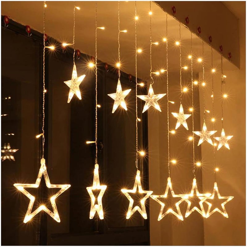 One94Store 12 Stars 138 Led Curtain String Lights Window Curtain Lights With 8 Flashing Modes Decoration For DiwaliChristmasWeddingHomePatio Lawn Warm White3 Meters138 LedStarCopperPack Of 1 - Image 1
