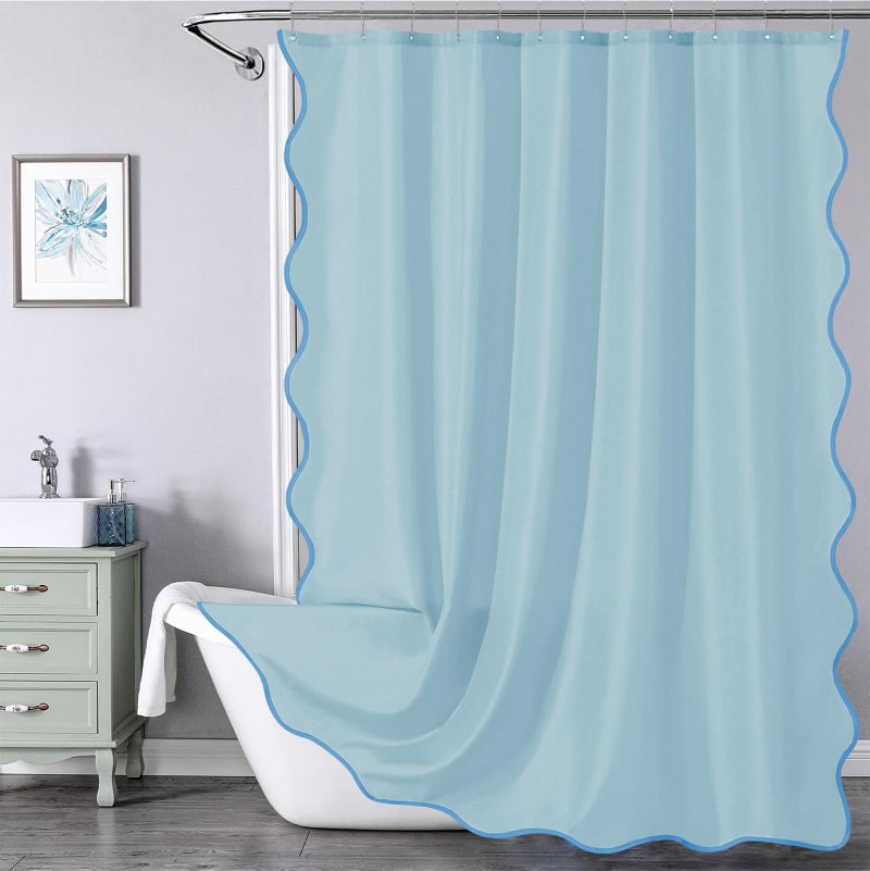 ORTIGIA Blue Shower Curtain, Scalloped Light Blue Coastal Shower Curtains Modern Cute Preppy Aesthetic Waterproof for Bathroom with Metal Hook 72 W x 72 H Inch - Image 1
