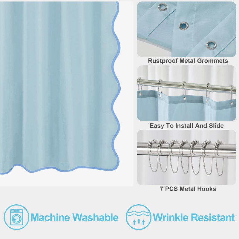 ORTIGIA Blue Shower Curtain, Scalloped Light Blue Coastal Shower Curtains Modern Cute Preppy Aesthetic Waterproof for Bathroom with Metal Hook 72 W x 72 H Inch - Image 5