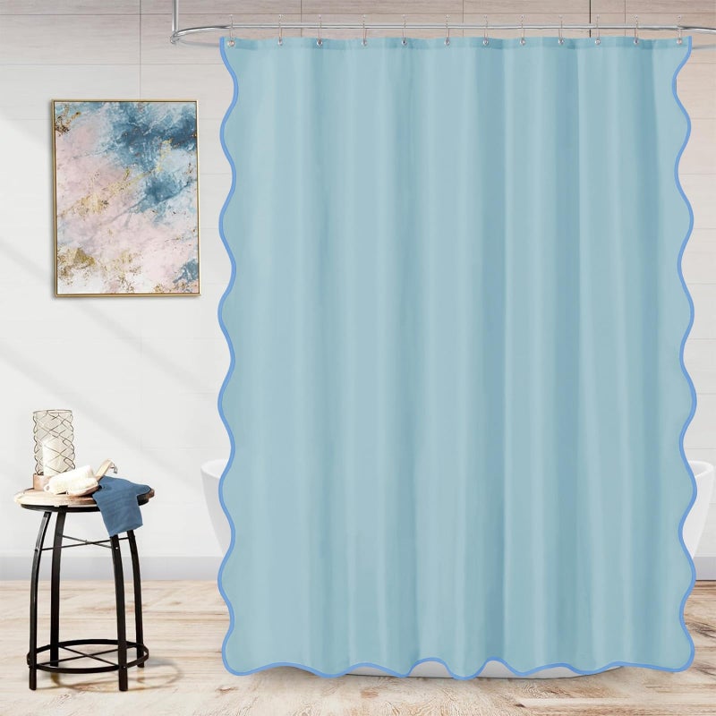 ORTIGIA Blue Shower Curtain, Scalloped Light Blue Coastal Shower Curtains Modern Cute Preppy Aesthetic Waterproof for Bathroom with Metal Hook 72 W x 72 H Inch - Image 2