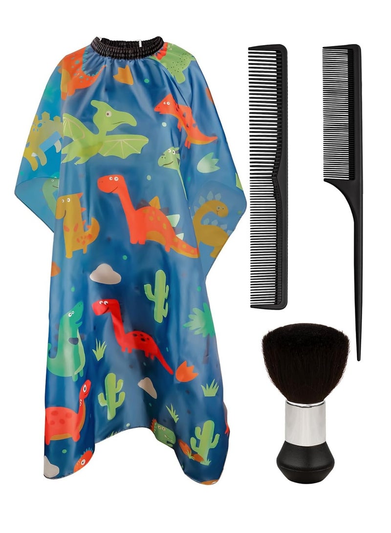 Flagsky Kids haircut cape and Neck Duster Brush Hair Comb Set,hair cutting cape with Adjustable Closure barber cape (Blue Cartoon Dinosaur)  - Image 1