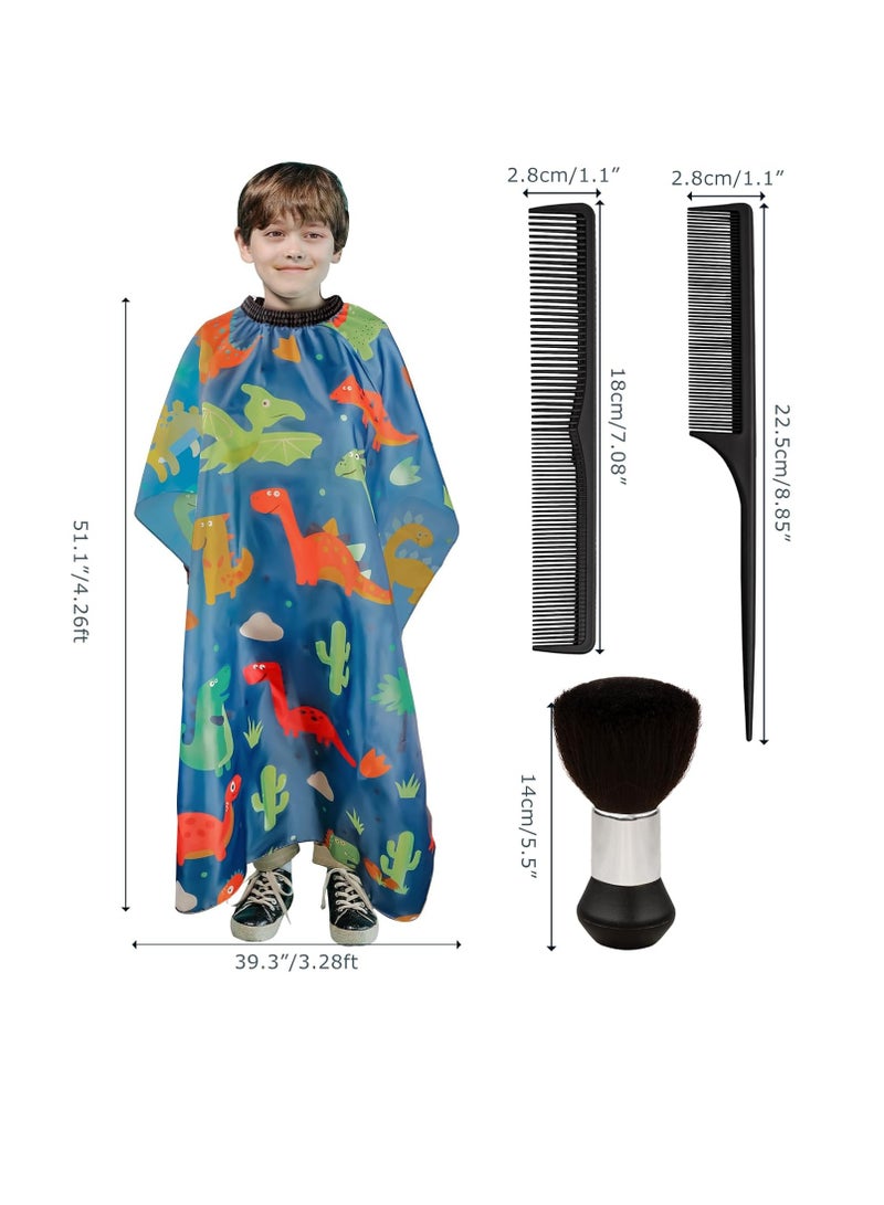 Flagsky Kids haircut cape and Neck Duster Brush Hair Comb Set,hair cutting cape with Adjustable Closure barber cape (Blue Cartoon Dinosaur)  - Image 2
