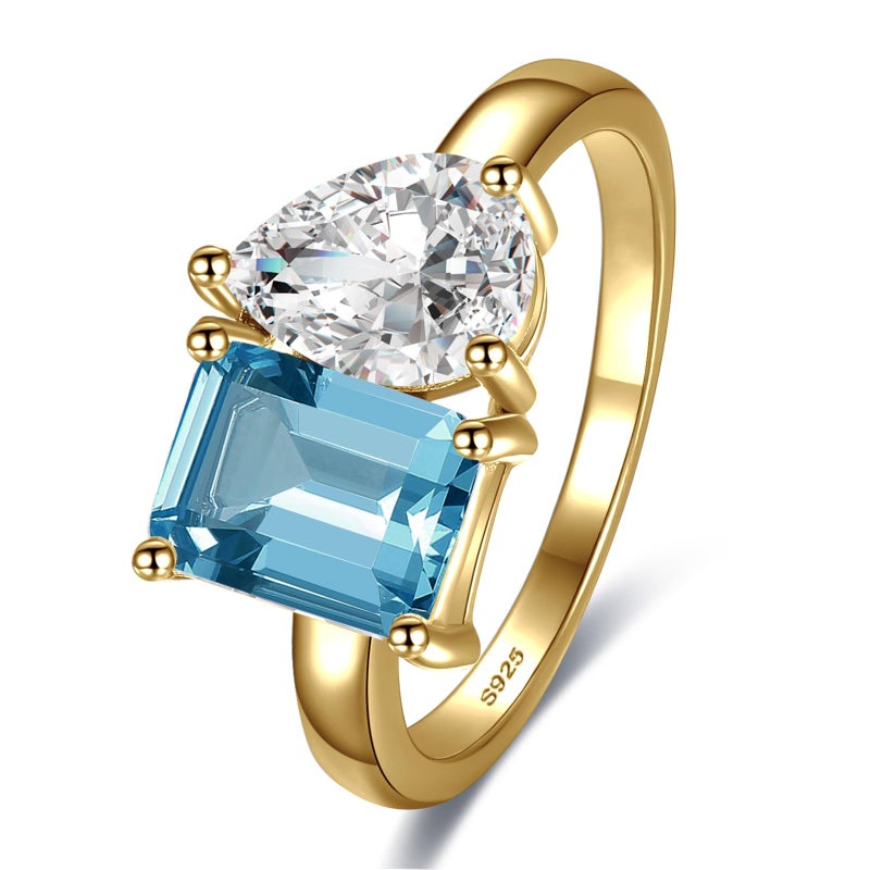 Yaresul Toi Et Moi Ring 925 Sterling Silver Women Engagement Ring 14K Gold Plated 1.5ct 6x8mm Double Stone Emerald & Pear Aquamarine Cut Ring Wedding Band Width Band 2mm Size 6 - Image 1