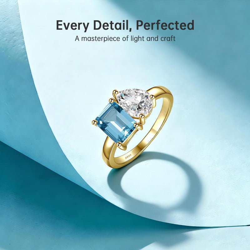 Yaresul Toi Et Moi Ring 925 Sterling Silver Women Engagement Ring 14K Gold Plated 1.5ct 6x8mm Double Stone Emerald & Pear Aquamarine Cut Ring Wedding Band Width Band 2mm Size 6 - Image 2