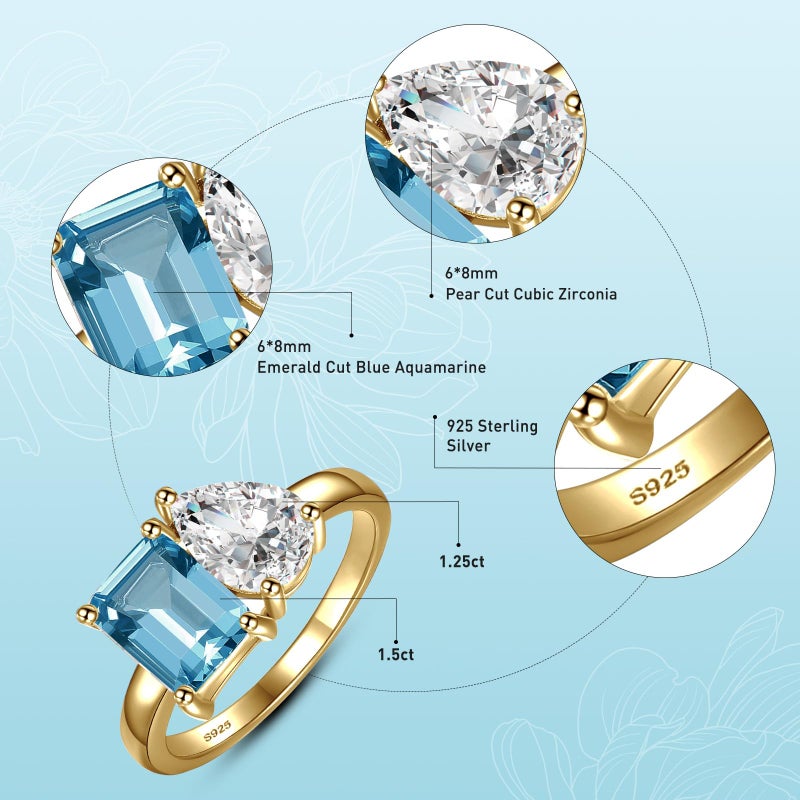 Yaresul Toi Et Moi Ring 925 Sterling Silver Women Engagement Ring 14K Gold Plated 1.5ct 6x8mm Double Stone Emerald & Pear Aquamarine Cut Ring Wedding Band Width Band 2mm Size 6 - Image 3
