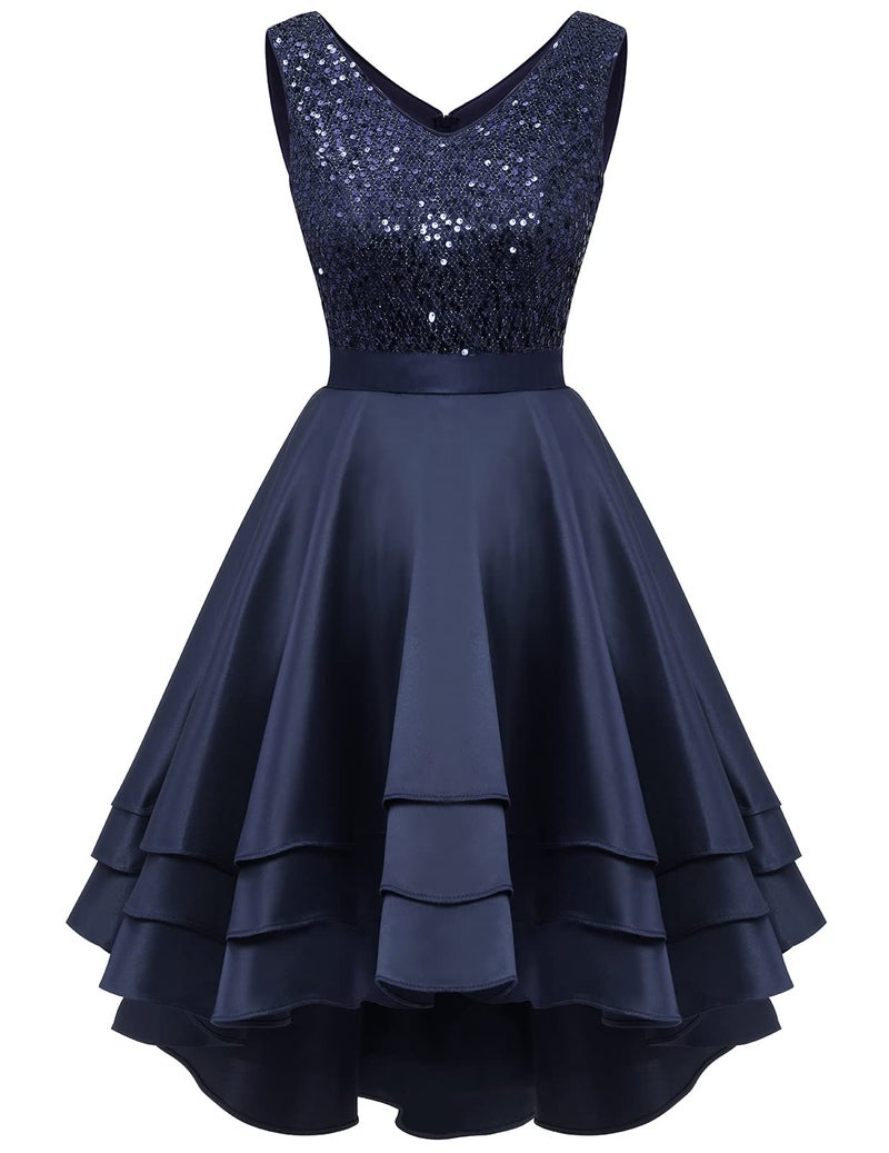 Meetjen Prom Dress for Women Short Formal Teen High Low Satin Sleeveless A-line Cocktail Party Dresses 2026 Navy XL - Image 5