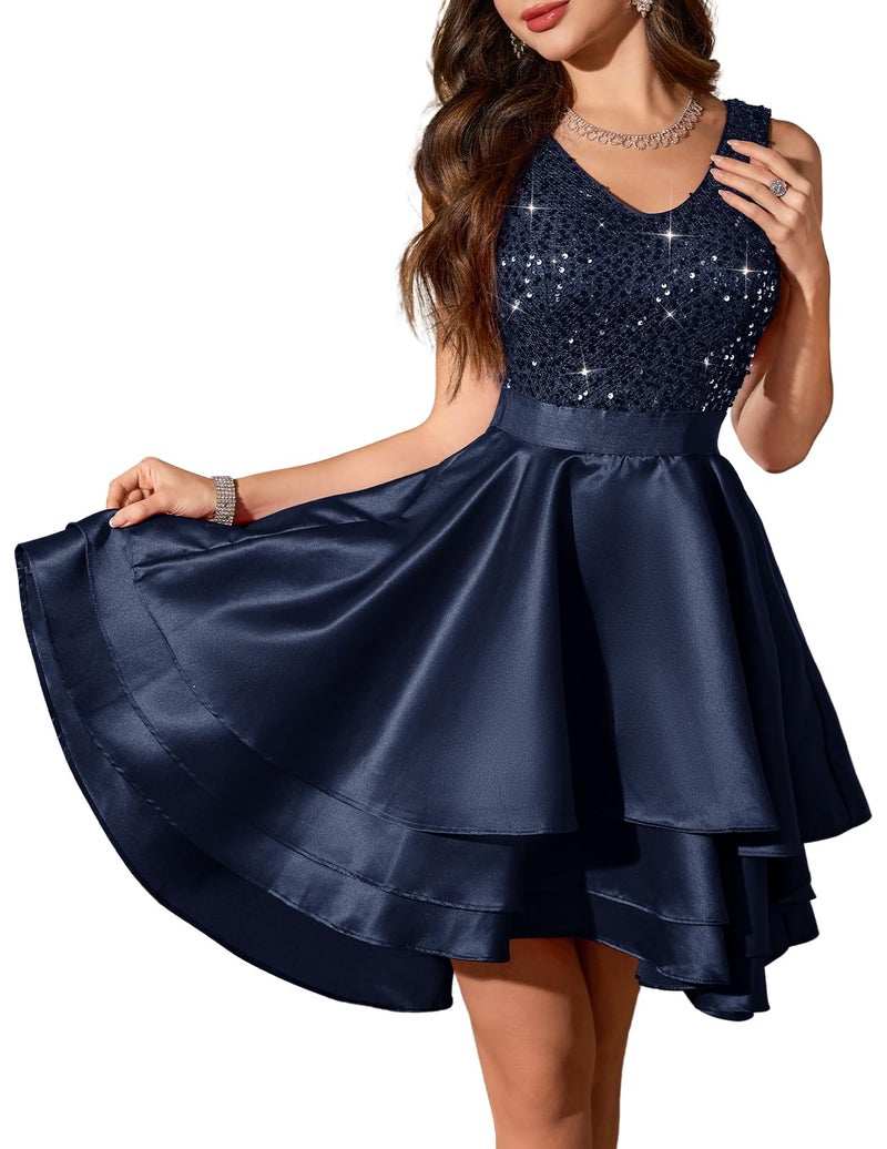Meetjen Prom Dress for Women Short Formal Teen High Low Satin Sleeveless A-line Cocktail Party Dresses 2026 Navy XL - Image 1