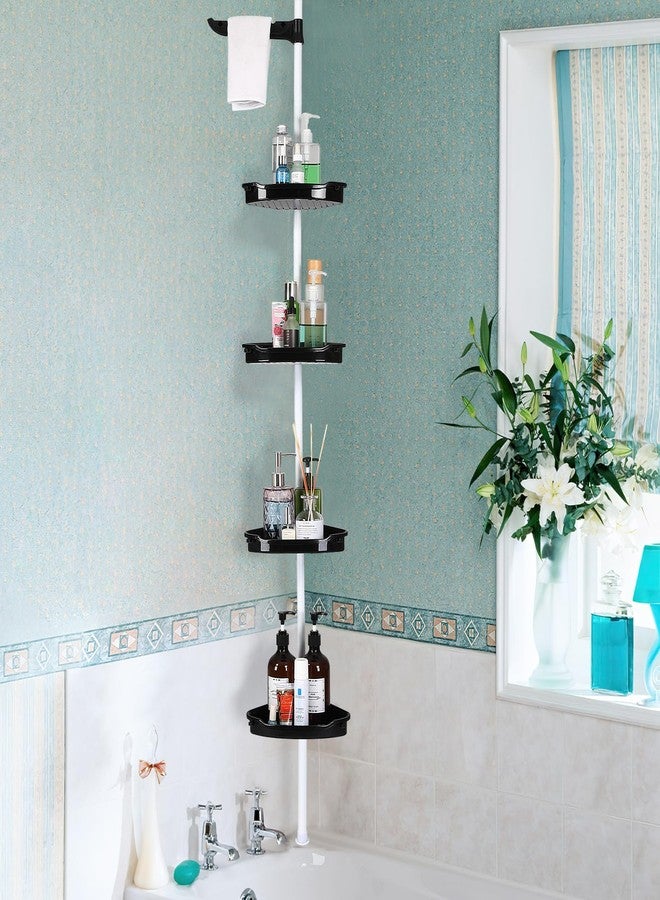 MilleLoom No-Drill Corner Shower Caddy Tension Pole, Rust-Resistant Bathroom Storage Organizer with 4-Tier Adjustable Shelves & Rubber Pad, 101.6''- 122'' Height, White & Black - Image 1